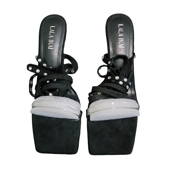 Lala Ikai Clear Strap Square Toe Rhinestone Strappy 3.5" Stiletto Sandals Size 9 - Picture 4 of 12